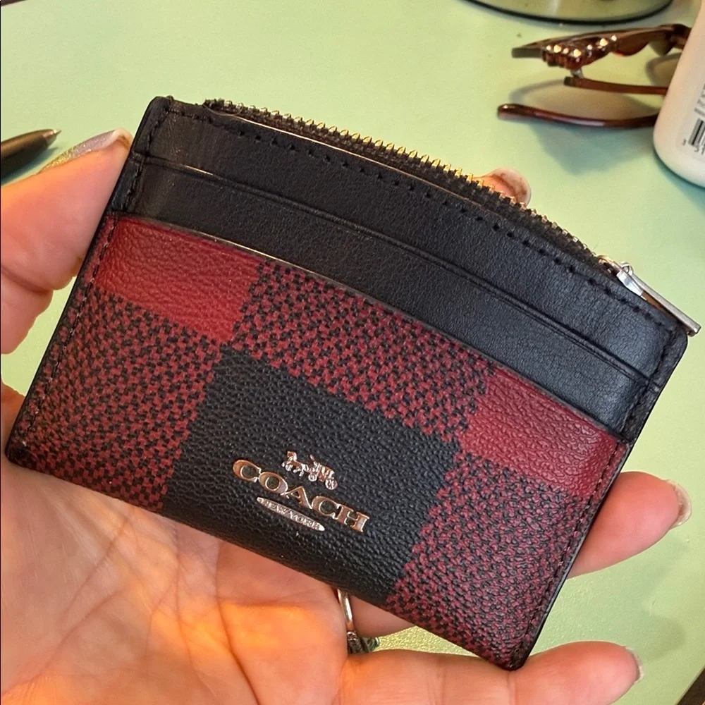 Coach Plaid Card Holder in Black and Red buffalo wallet designer coin clutch